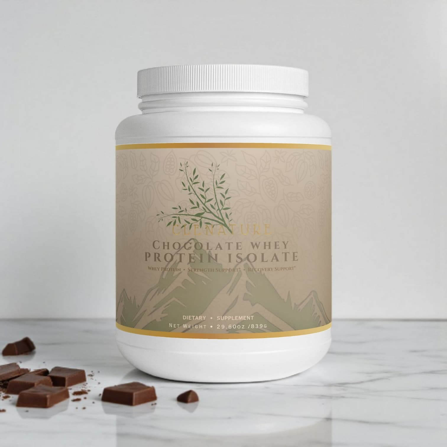 Chocolate Whey Protein Isolate powder container
